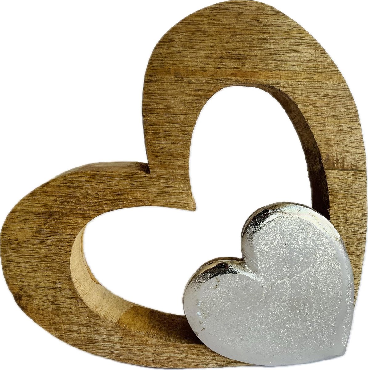 Decoratieve hart figuur 24 x 25 cm - Hoogwaardige metaal en mango hout - Uniek ontwerp met twee harten - ShopVlot