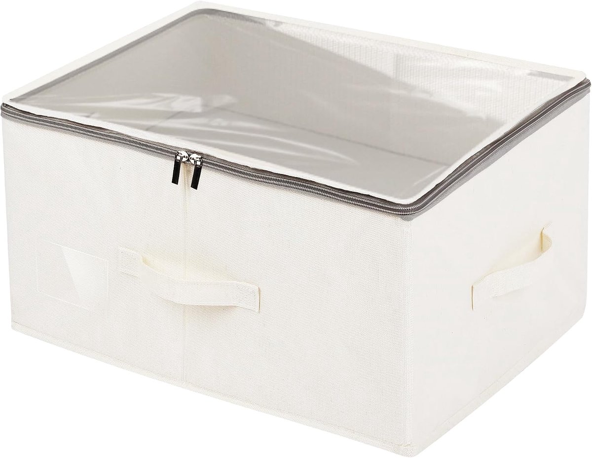 Opbergdoos met dubbele handvatten 45 x 35 x 35 cm - katoenlinnen - transparante venster - ShopVlot