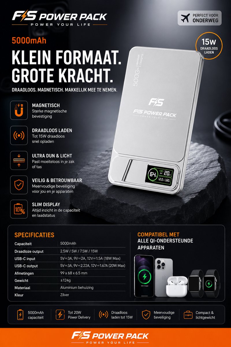 Ultra Slank Aluminium Magnetische Draadloze Powerbank 5000mAh / 10000mAh –Snellader-Fast Charging, Led Display, Portable, Ultra Slim 22.5W Snelladen – 15W MagSafe Draadloos – FS Power Pack Aluminium – Telefoonstandaard – LED Display – Oranje/Zilver — cadeau in Elektronica - foto 7