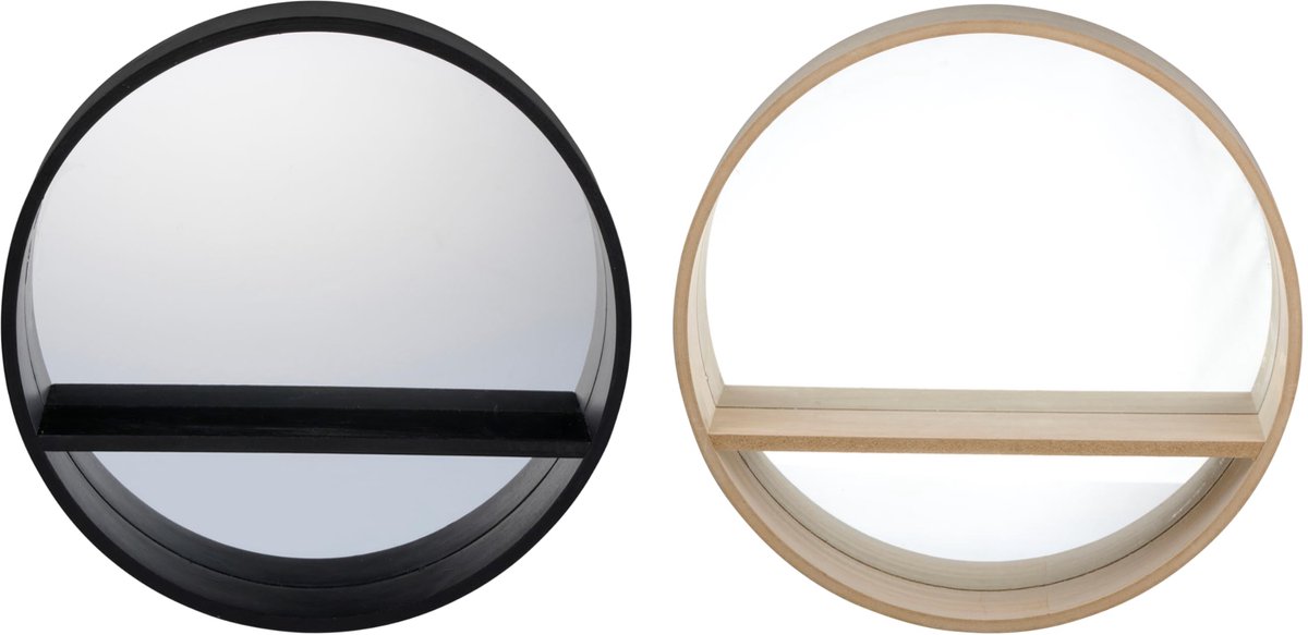 Ronde Wandspiegel met Plank - Decoratieve Spiegel 35 x 8 x 35 cm met Opbergrek - Houten Spiegel voor Hal, Badkamer, Woonkamer en Slaapkamer - Stijlvolle Wanddecoratie met Glas en Plank - Zwart/Beig
