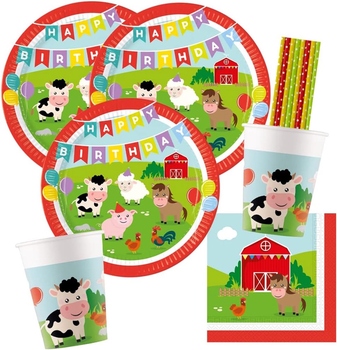 feestset boerderij 44-delig - karton - inclusief borden, bekers en rietjes - perfect voor kinderfeestjes - ShopVlot