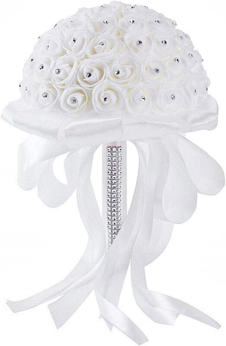 Bruidsboeket kunstbloemen - rozen - met lichtpunten en strass - 15 cm handvat - wit - ShopVlot