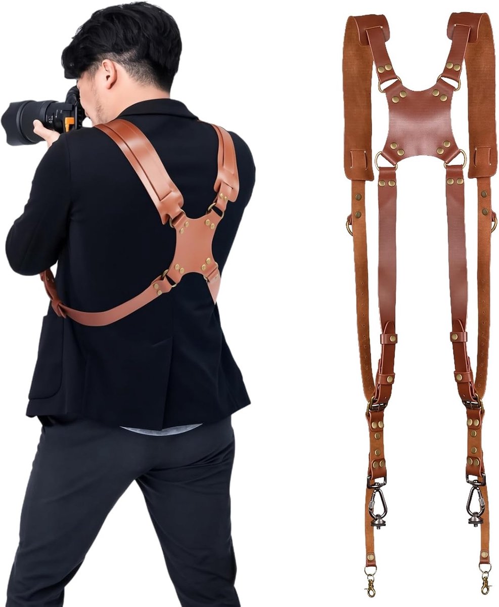 Camera Strap voor 2 Camera's - Dubbele Schouderriem - Leer - Comfortabel en stevig - ShopVlot