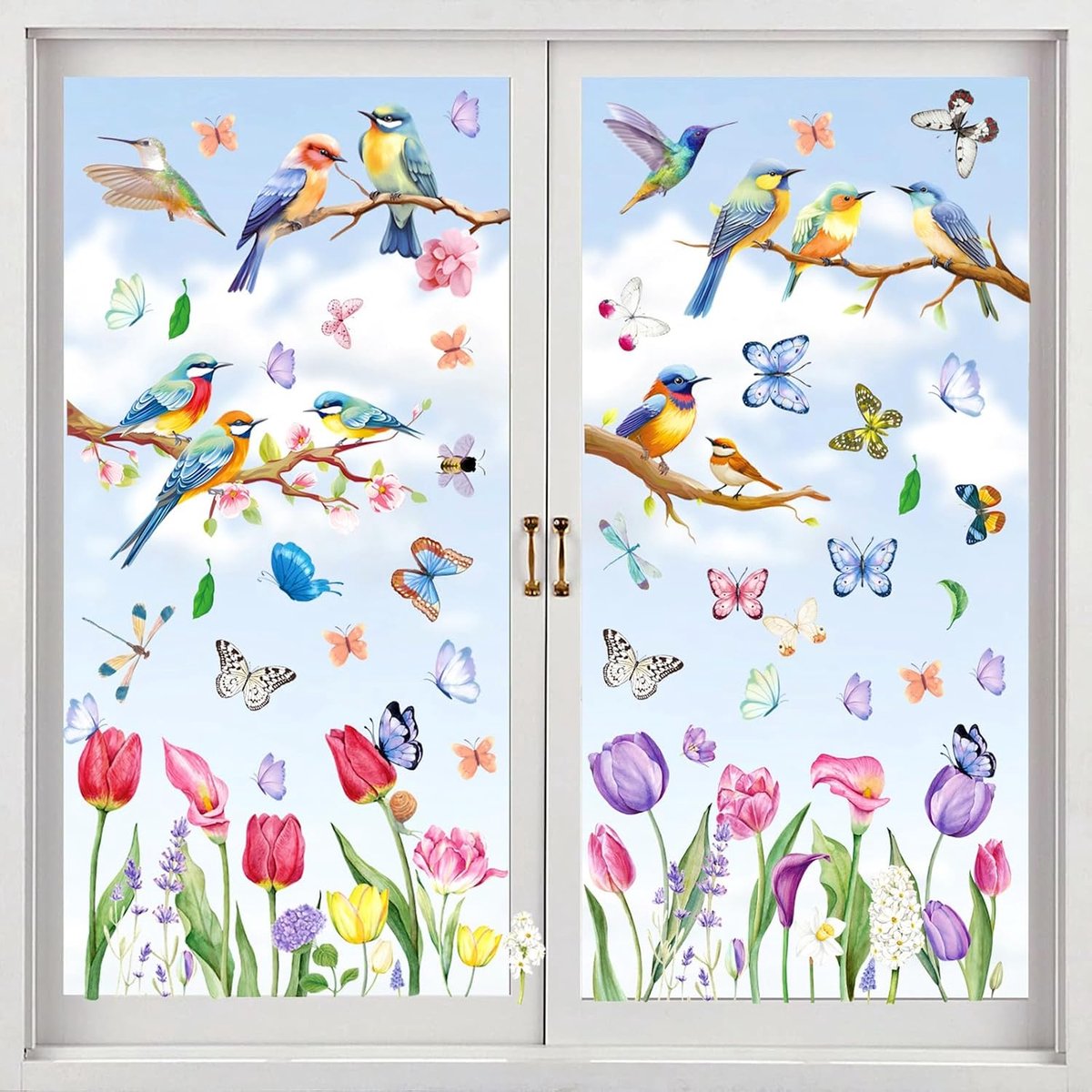 Raamstickers lentetema 9 stuks - vlinderbloem en vogel - dubbelzijdig bedrukt - decoratie voor kinderkamer - ShopVlot