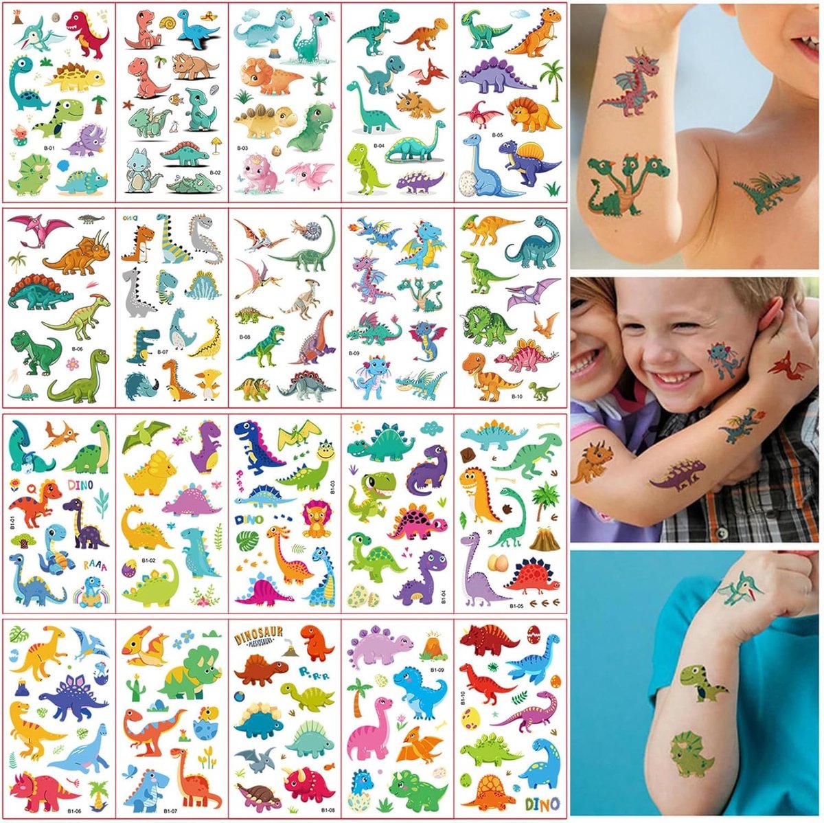 Tijdelijke tattoos voor kinderen - 20 bladen met dinosaurussen - waterdicht en veilig - langdurig plezier - ShopVlot