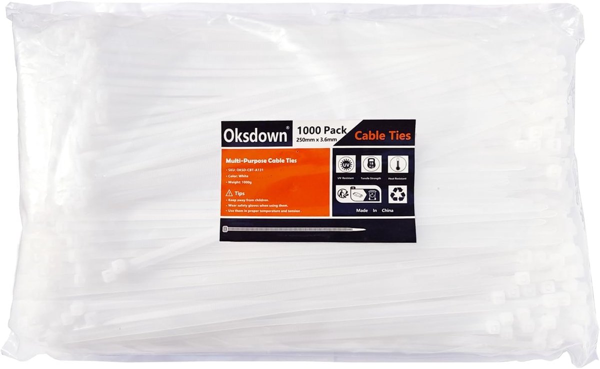 Kabelbinders 250mm x 3.6mm - Wit - UV-bestendig nylon - Ideaal voor kabelbeheer - ShopVlot