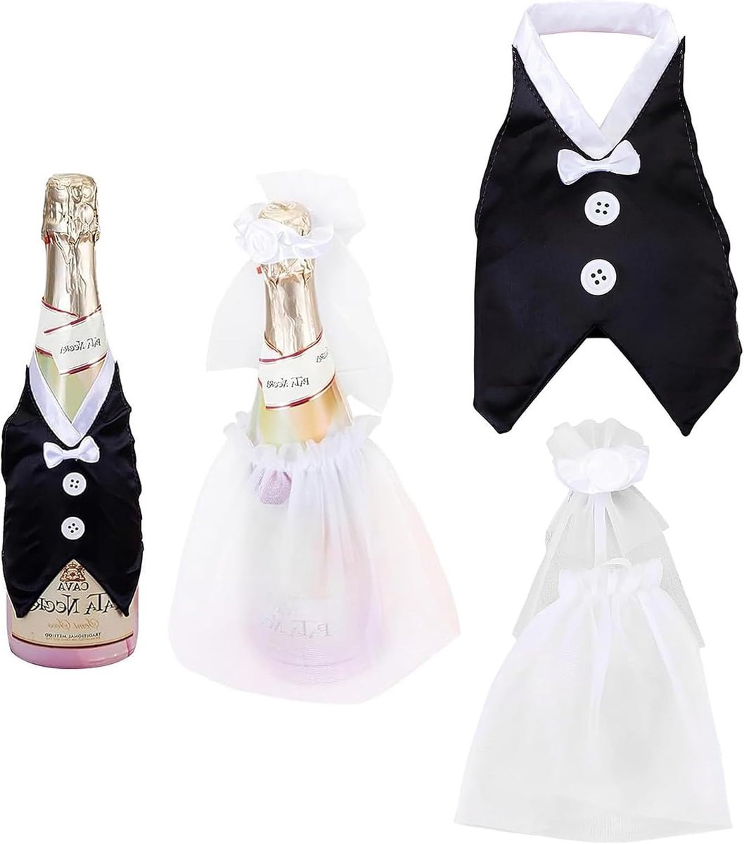 Wijnfles decoratieset bruid en bruidegom - elegante hoezen - tafel middelpunt - perfect voor bruiloften - ShopVlot