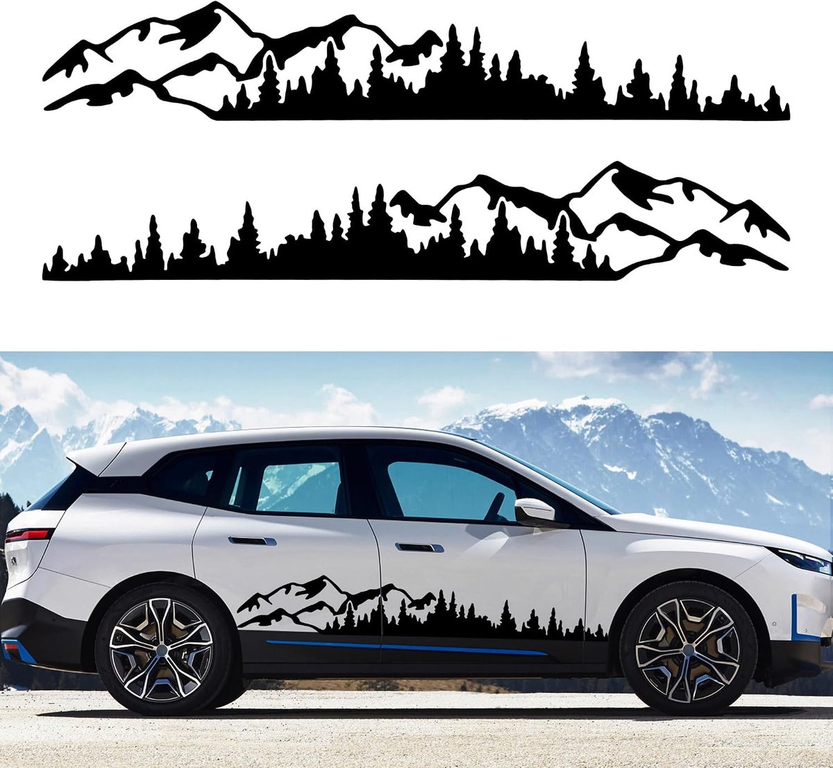 Grafische stickers, 1 paar, 190 cm, bergboom, bos, grafische stickers, vinyl stickers voor carrosserie, deur, auto, berg, decoratie voor SUV, terreinwagen, universele accessoires (B-zwart-L)