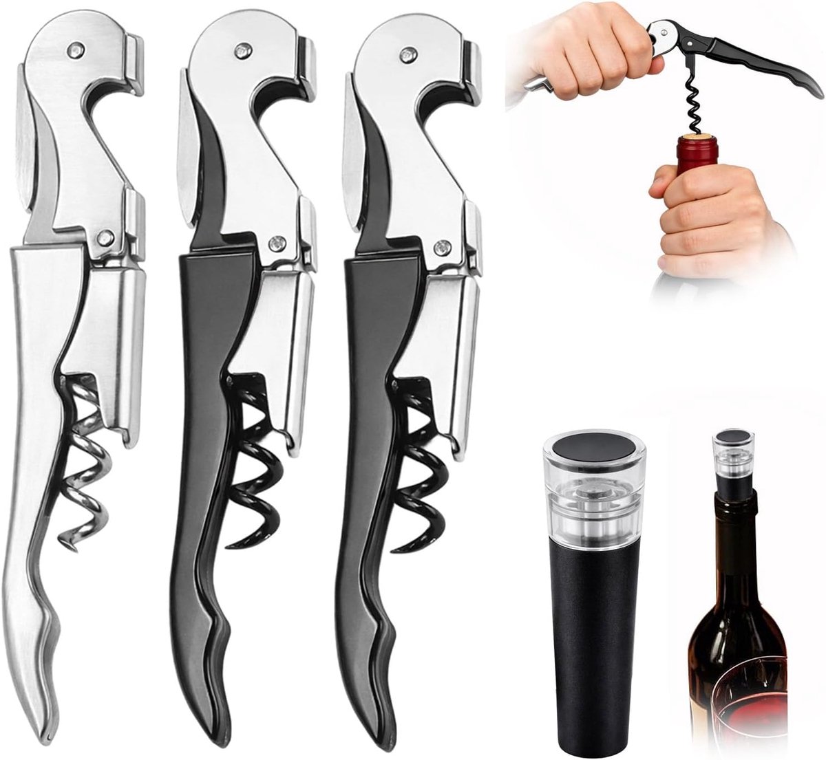 4-delige kurkentrekker, 3-in-1 professionele limonader, kurkentrekker met bladsnijder en vacuümsluiting voor wijn, ideaal voor hotels, restaurants, bruiloften