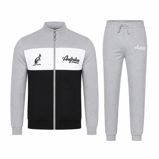 Ensemble de jogging gris avec panneaux noirs et blancs. Logo kangourou et inscription 'Australian Homewear'.