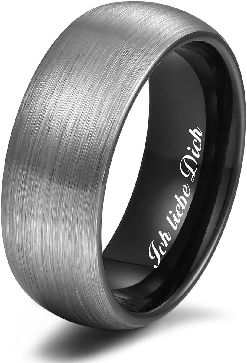 Ring voor dames en heren, wolfraam verlovingsring, trouwring, partnerringen, geborsteld, 6 mm, 8 mm, zwart, blauw, met gravure "Ich liebe Dich"