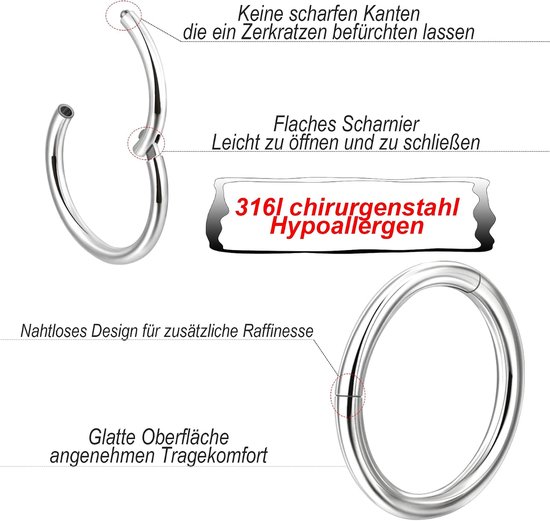 Neuspiercing, ring, scharnier, 316L chirurgisch staal, segmentring-clicker, 20G, 18G, 16G, septum, kraakbeen, nostril, helix, tragus, rook, conch, piercing, 6 mm, 7 mm, 8 mm, 9 mm, 10 mm, — afbeelding 5