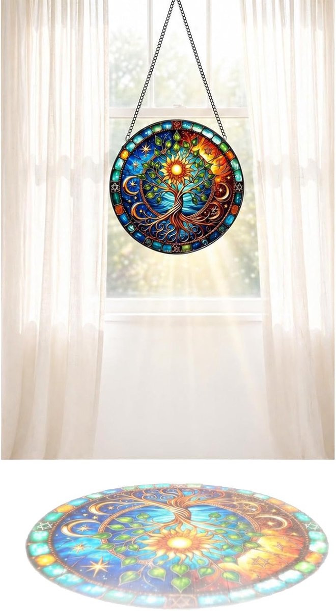 Levensboom van acryl, 20 cm, hangende zonnevanger met ijzeren ketting, artistieke decoratie voor binnenramen en muren, ornament voor huis en kantoor