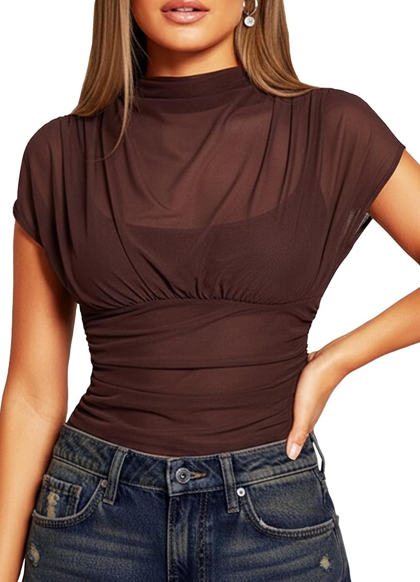Mesh bovenstuk dames sexy korte mouwen rolkraag mesh top doorzichtig top voor party rave festival