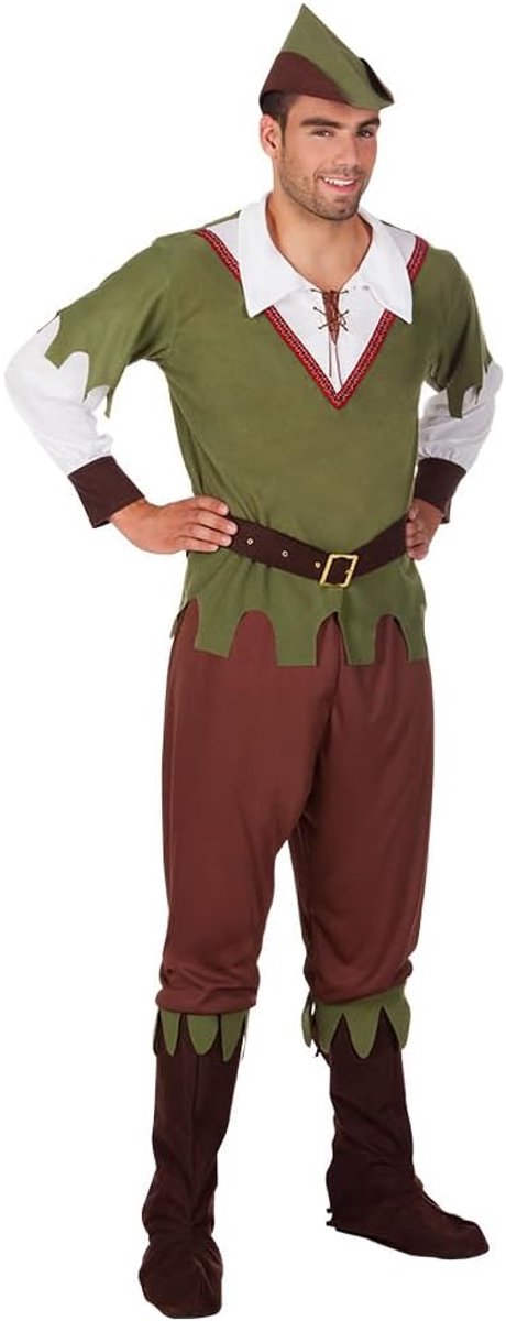- Kostuum voor volwassenen Forest Hunter, shirt, broek met riem, laarsovertrekken en hoed, jager, Robin Hood, set, carnaval, themafeest