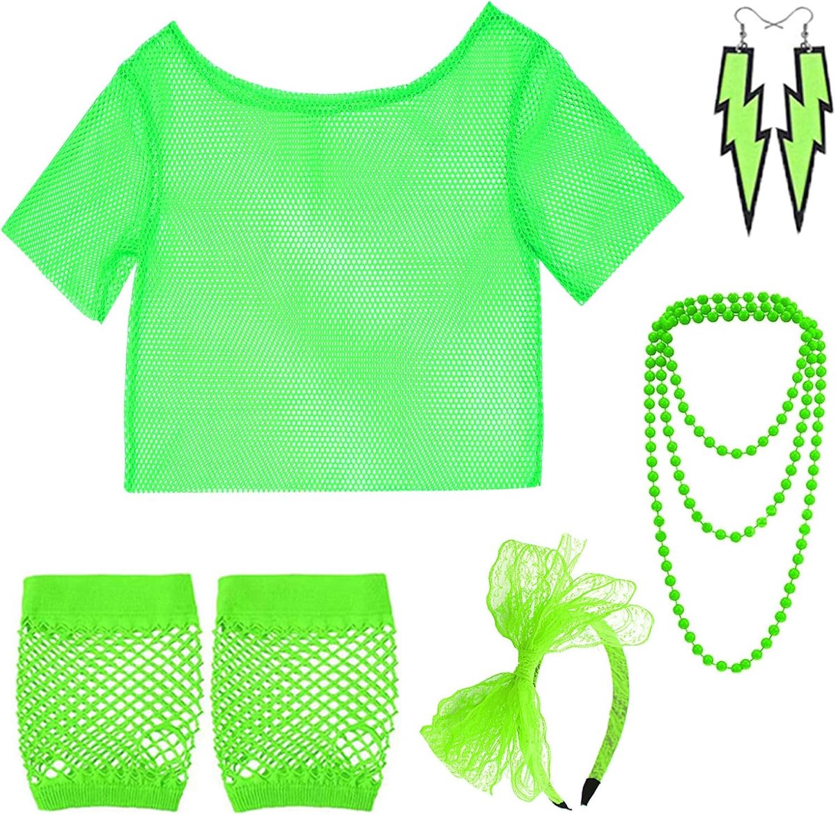 Jaren 80 90 outfit dames themafeest jaren 80 accessoires netshirt neon badkamer knop outfit dames met hoofdband halsketting oorbel handschoenen voor carnaval Halloween neon party (groen)