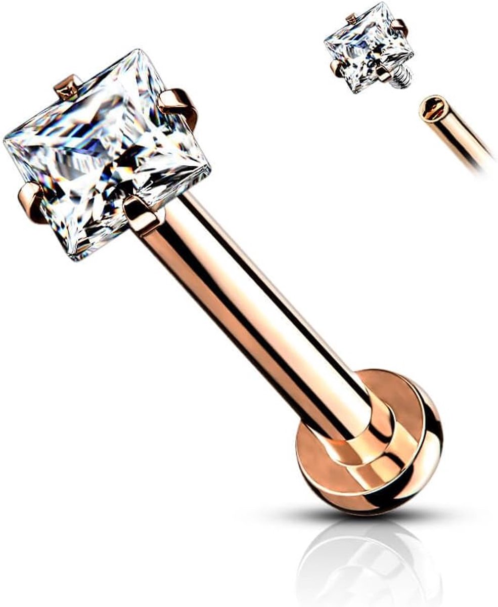 Vierkante zirkonia binnendraad piercing oorsteker helix tragus chirurgisch staal 316L