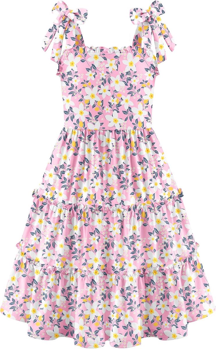 Zomerjurk voor meisjes, vlinderbandjes, katoen, mouwloos, elegant, trapezium, jurk voor meisjes, 5-14 jaar