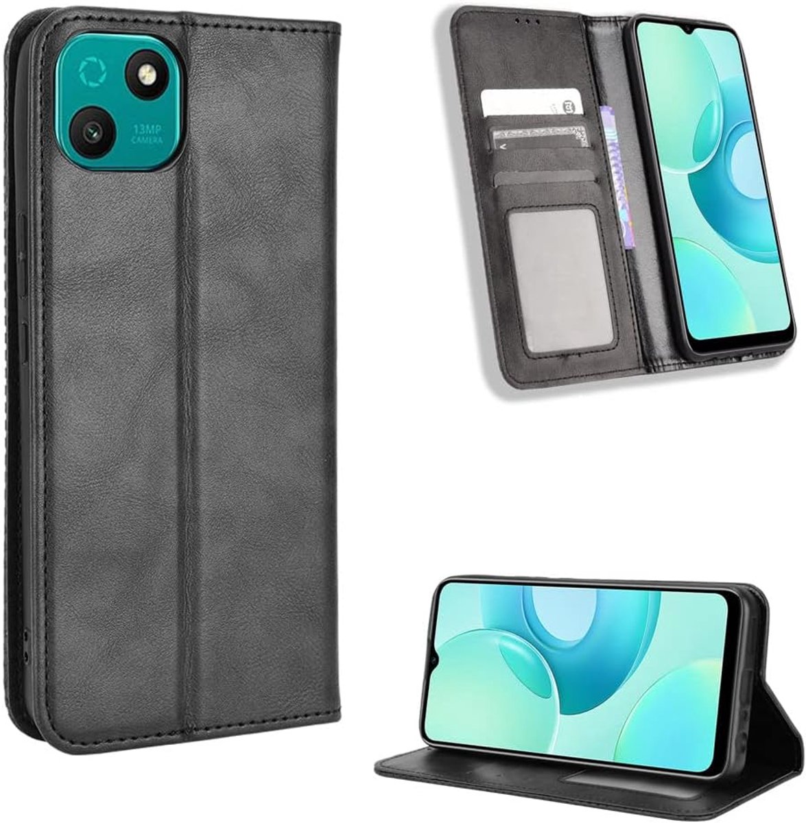 T10-behuizing [Wallet Case] [Bracket-functie] [Kaartsleuven] [Magnetische klep] Compatibel met Wiko T10-smartphone, Zwart