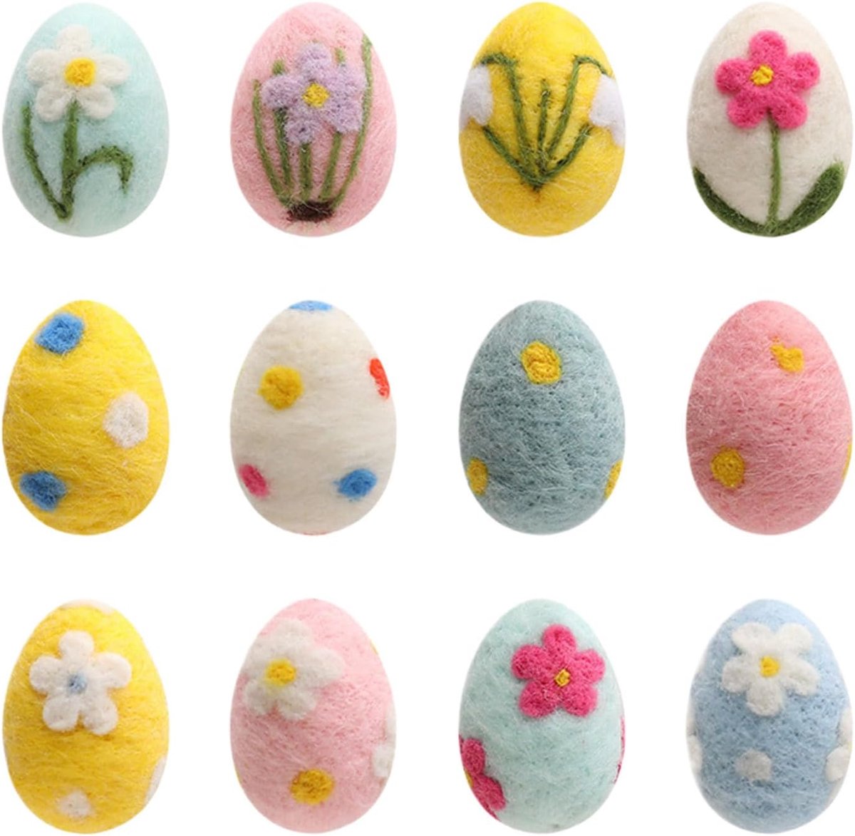 paaseieren, 12 pastelkleurige ornamenten, kleurrijke kerstdecoraties, handgemaakte knutselmaterialen, decoratiestukken, 12-delige set paaseieren van vilt, perfect voor
