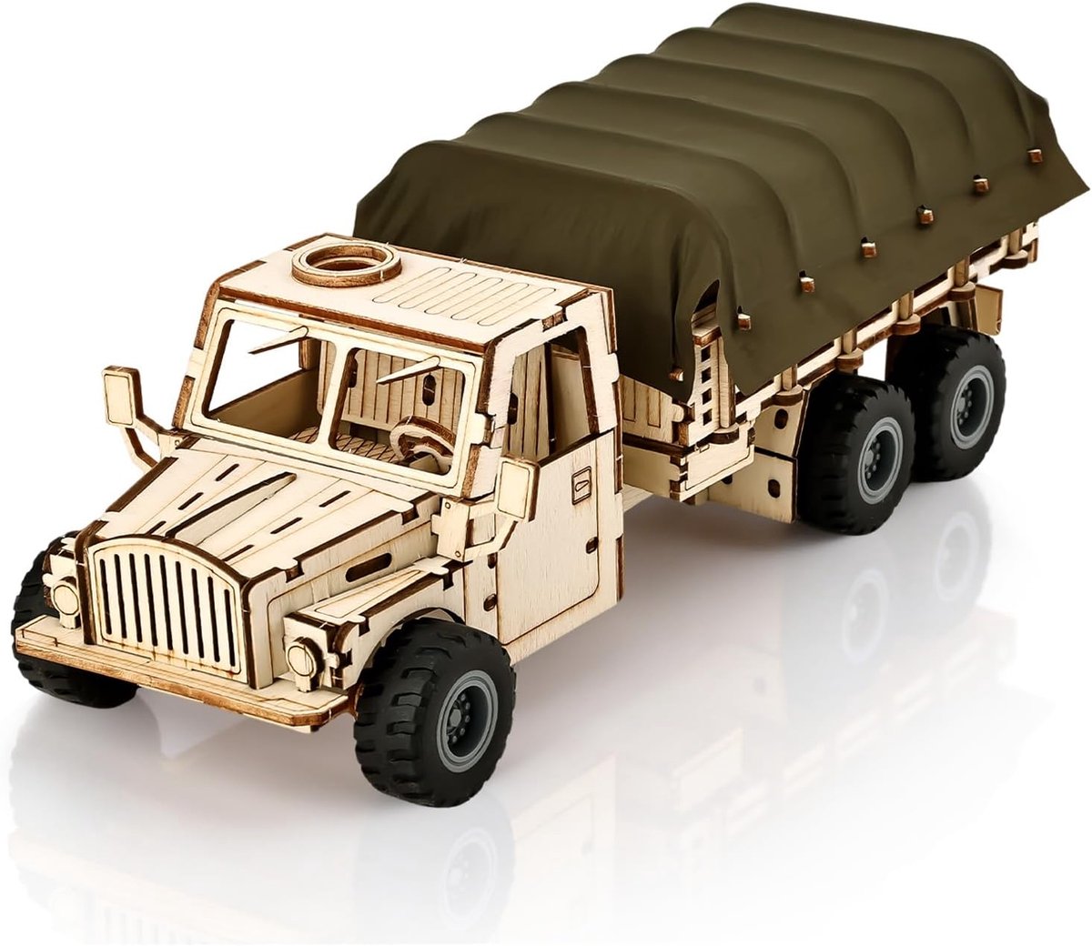 Houten modelbouwset, 3D-houten puzzelvoertuig, terugtrekfunctie, handwerk en bureaudecoratie, cadeau voor volwassenen, jongeren en autoliefhebbers (militaire vrachtwagen)