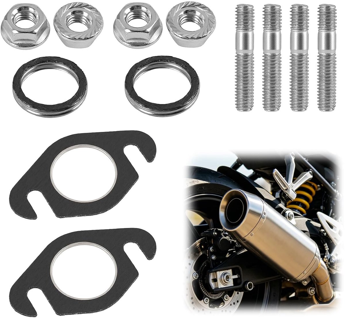 2 Sets Uitlaatpakking Scooter 50cc 2T, Uitlaat Pakking Set met M6 Tapeinden, Moeren, Platte en Ronde Pakkingen, Hittebestendige Motorpakking voor Scooter, Tuinfrees, Kleine Motoren en Reparatie
