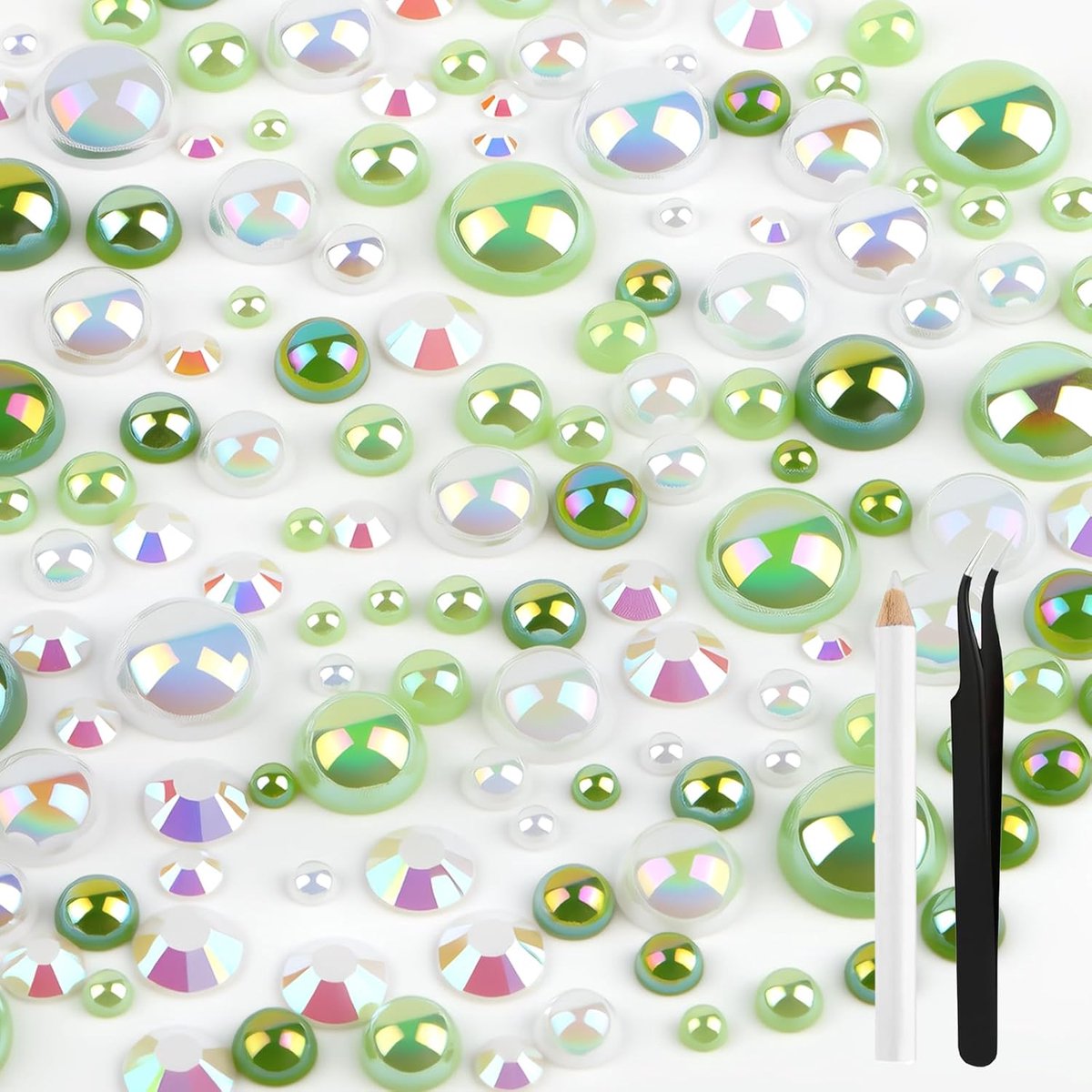 50g Mix Flat Back Parels en Strass, Gemengde Maat 3mm-10mm Mix Parels en Strass voor Ambachten, Flatback Parel met Pincet en Puntjespen voor DIY Nagels, Mokken, Kunst, Schoenen, Kleding, Groen