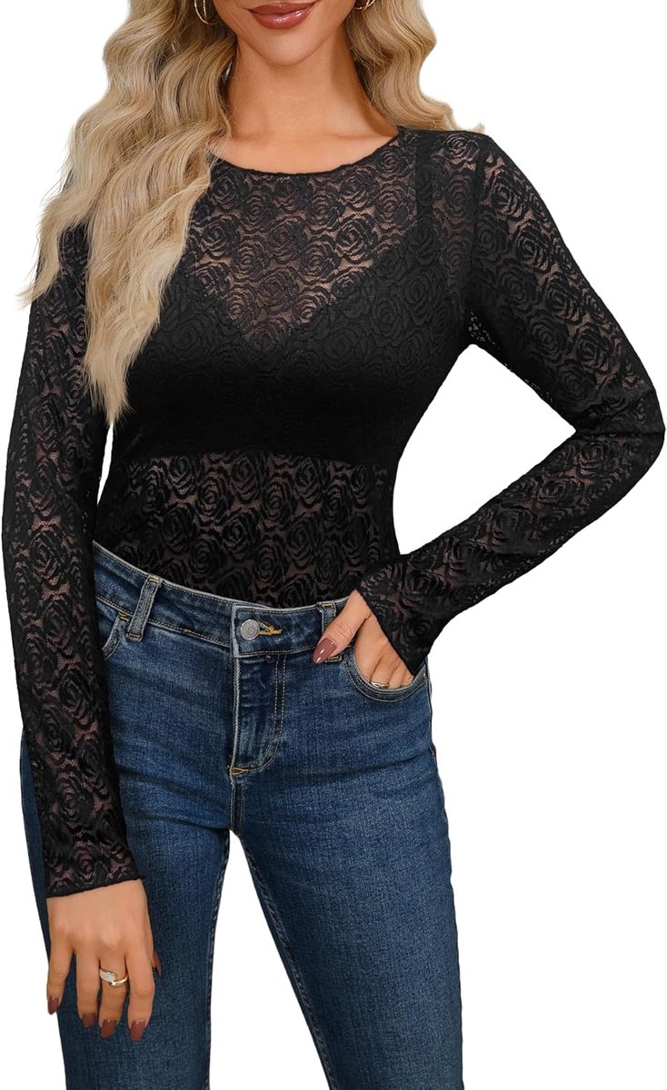 Bovendeel van mesh voor dames, kant, lange mouwen, sexy mesh-bovendeel, transparante blouse, doorzichtig bloemenpatroon, top