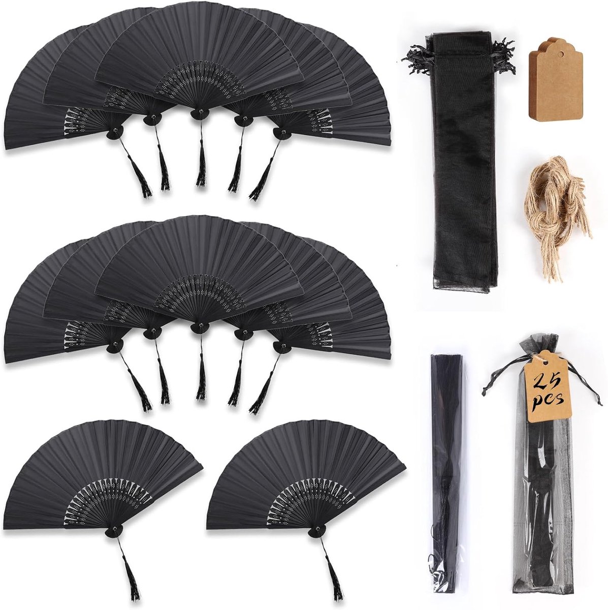 25 stuks vouwwaaiers van zijde, waaiers van zijde, met individueel organza zakje, voor optredens, dansen, decoraties, festivals (zwart)