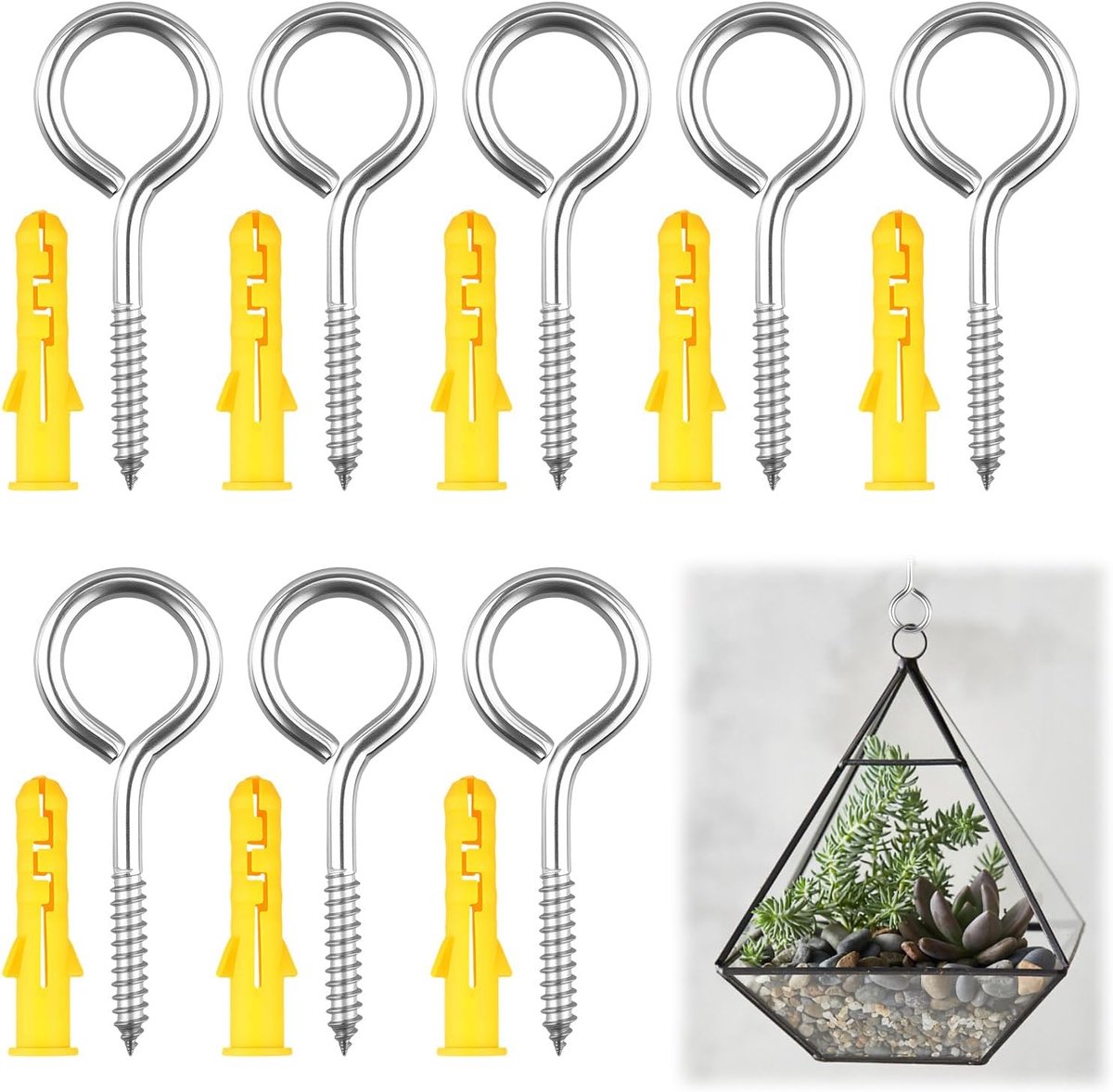 8 stuks oogschroeven M5 x 65 mm, schroefogen roestvrij staal met pluggen | Gesloten ringdesign, bijpassende spreidanker, 25 mm binnenopening, zelftappende punt, voor hout en metselwerk