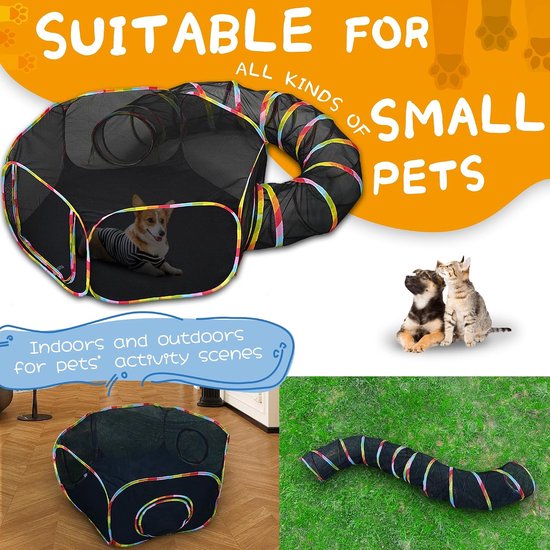 Cat Tunnel en Play Tent, Regenboog Gekleurd, Mesh Behuizing met Verbindende Tunnel — afbeelding 4