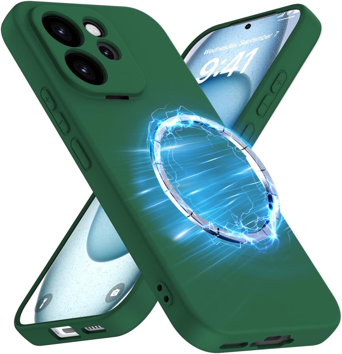 Hoesje compatibel met Vivo V70 5G, zachte siliconen schokbestendige hoes met ingebouwde magnetische plaat, slanke volledige bescherming, groen