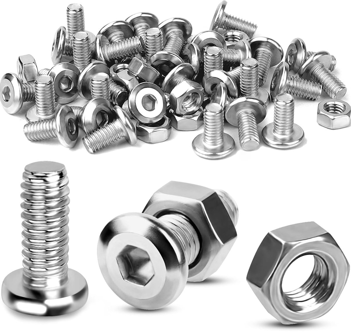 M4 x 20 mm, met moeren, set van 70 roestvrijstalen schroeven, volledige schroefdraad, platte kopschroeven, zeskantschroeven, M4 schroefdraadschroeven, binnenzeskantschroef voor