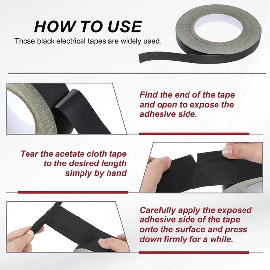 Acetaatweefseltape, 15 mm x 30 meter, zwart, isolerende stoffen tape voor laptop, elektrisch, auto, gitaarreparatie, kabelboom — afbeelding 4