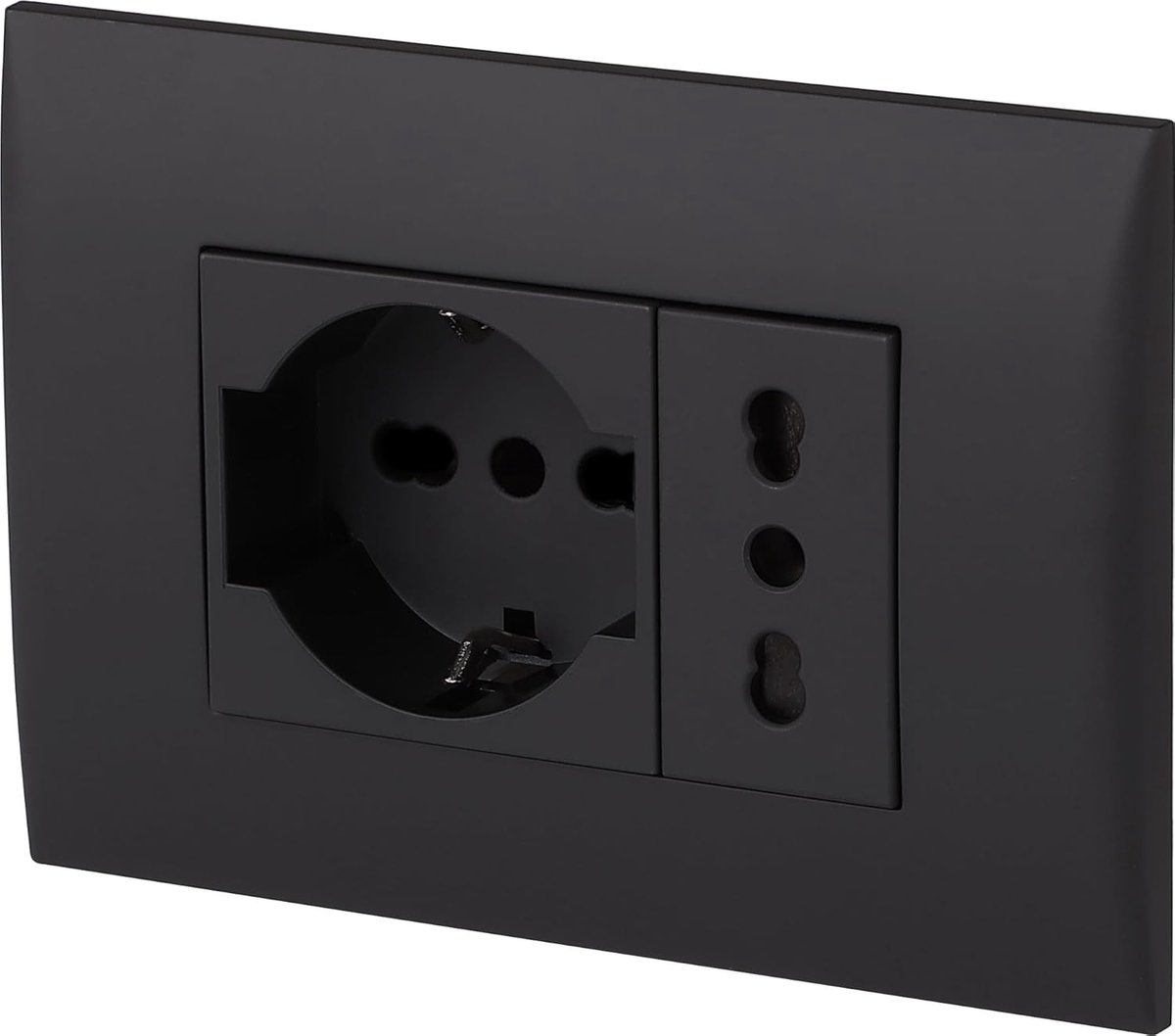 22111 set voorgemonteerde plaat 2 plaatsen (1 universeel stopcontact P40 + 1 tweewaardig stopcontact 10/16 A), twee montageschroeven, zwart