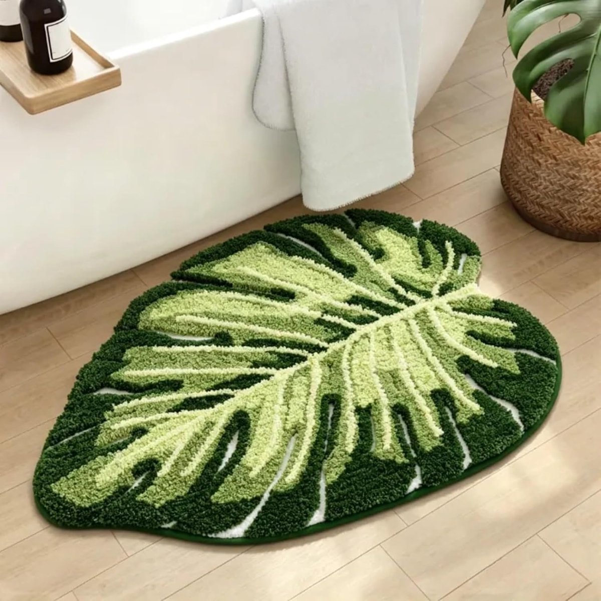 60 x 90 cm, antislip, absorberende uitvoering, badmat met tapijt, Monstera-blad, wasbaar, toilettapijt, badmat voor slaapkamer, douchevloer, keuken, groen (60 x 90 cm)