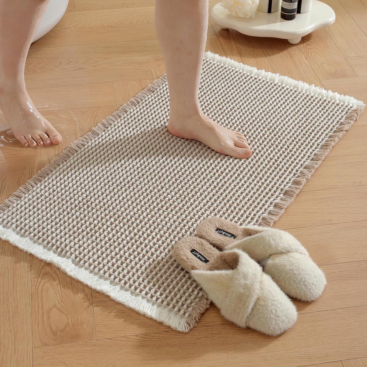 Badkamertapijt 50x80cm, Antislip Zacht Badloper, Waterabsorberende Badmat, Badkamermat Gemakkelijk Te Reinigen, Voor Douche, Bad En Toilet, Badkamer, Bruinwit