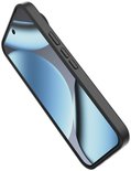 Zijprofiel van een zwarte telefoonhoes met knoppen en een glanzend scherm.
