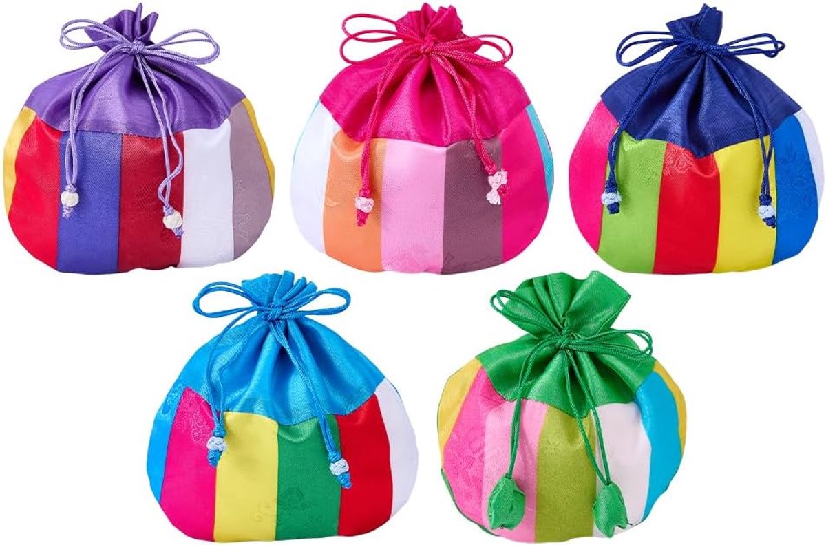 Traditionele Koreaanse tas, 5 stuks, 15,5 x 15,8 cm, met trekkoord, gestreept, kleine sieradenzakjes van polyester, geschenktas, koreaanse geluksbrenger, voor Kerstmis, Nieuwjaar