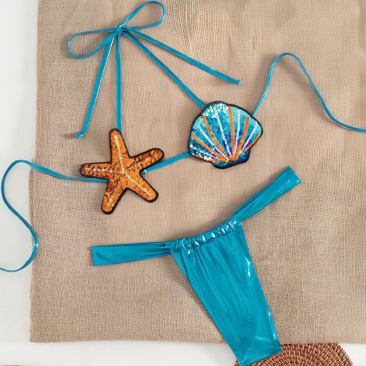 Glanzend Metalliic Badpak Voor Vrouwen Tweedelige Strappy Bikini Set Shell Vorm Extreme Micro Kleine Badmode met String