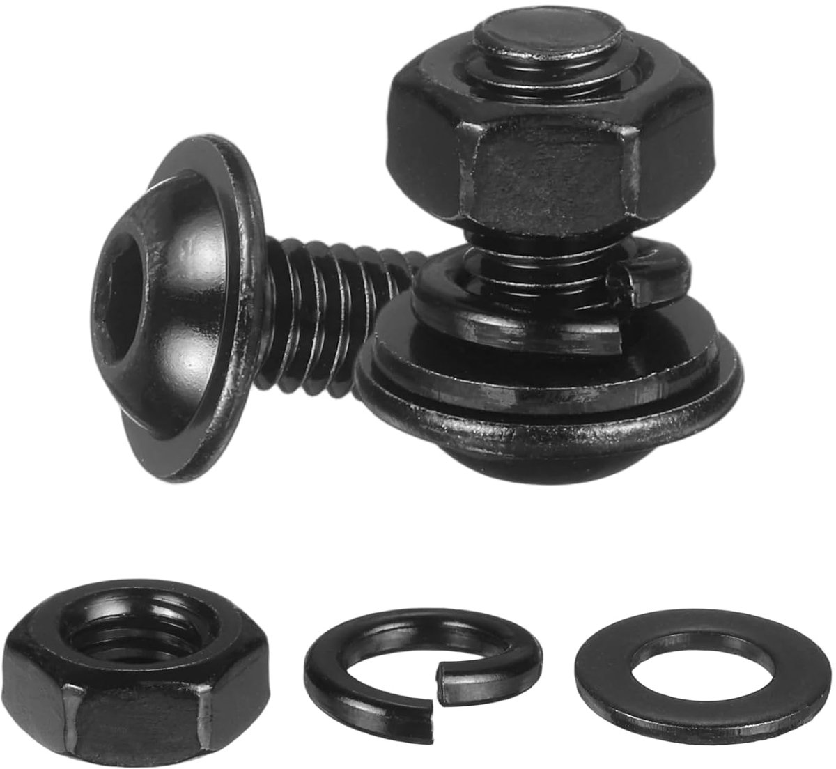 Set van 20 M6 x 10 mm flenskop inbusschroeven zwart 304 roestvrij staal 18-8 binnenzeskantkopschroeven, moeren, sluitringen en veerringen voor doe-het-zelf meubels, auto