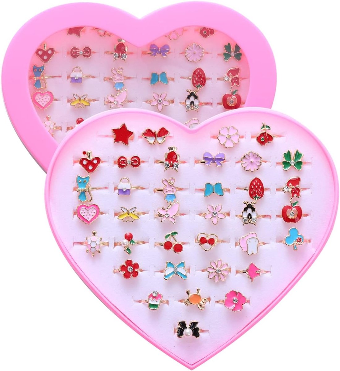 Ringen voor kleine meisjes, 36 verstelbare onderdelen, vitrine in hartvorm, speelgoed voor feestgeschenken (willekeurige stijl)