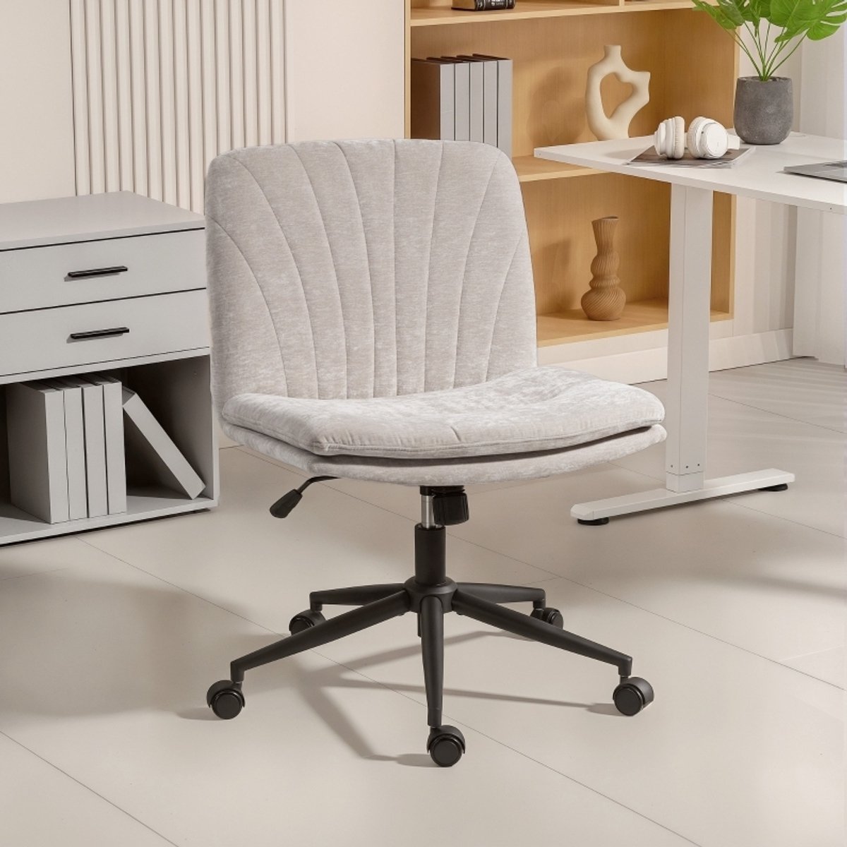 Bureaustoel 62 Cm Hoogteverstelbaar Met Wipfunctie Draaibaar Zonder Armleuningen Voor Homeoffice Stof Beige