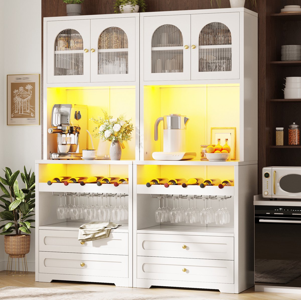 MODENUIT Hoge Kast - Gebogen Glazen Deuren Met Led En Usb - Voor Woonkamer - MDF En Metaal - 140x40x180 Cm - Wit