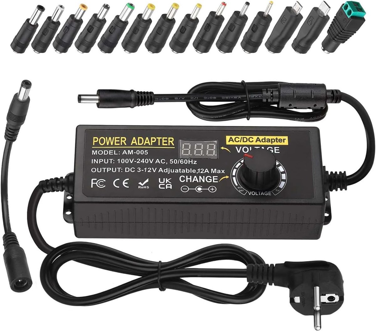 Universele verstelbare adapter 100V-240V AC naar DC 3V-12V 12A - 14 tips en polariteitskabel - ShopVlot