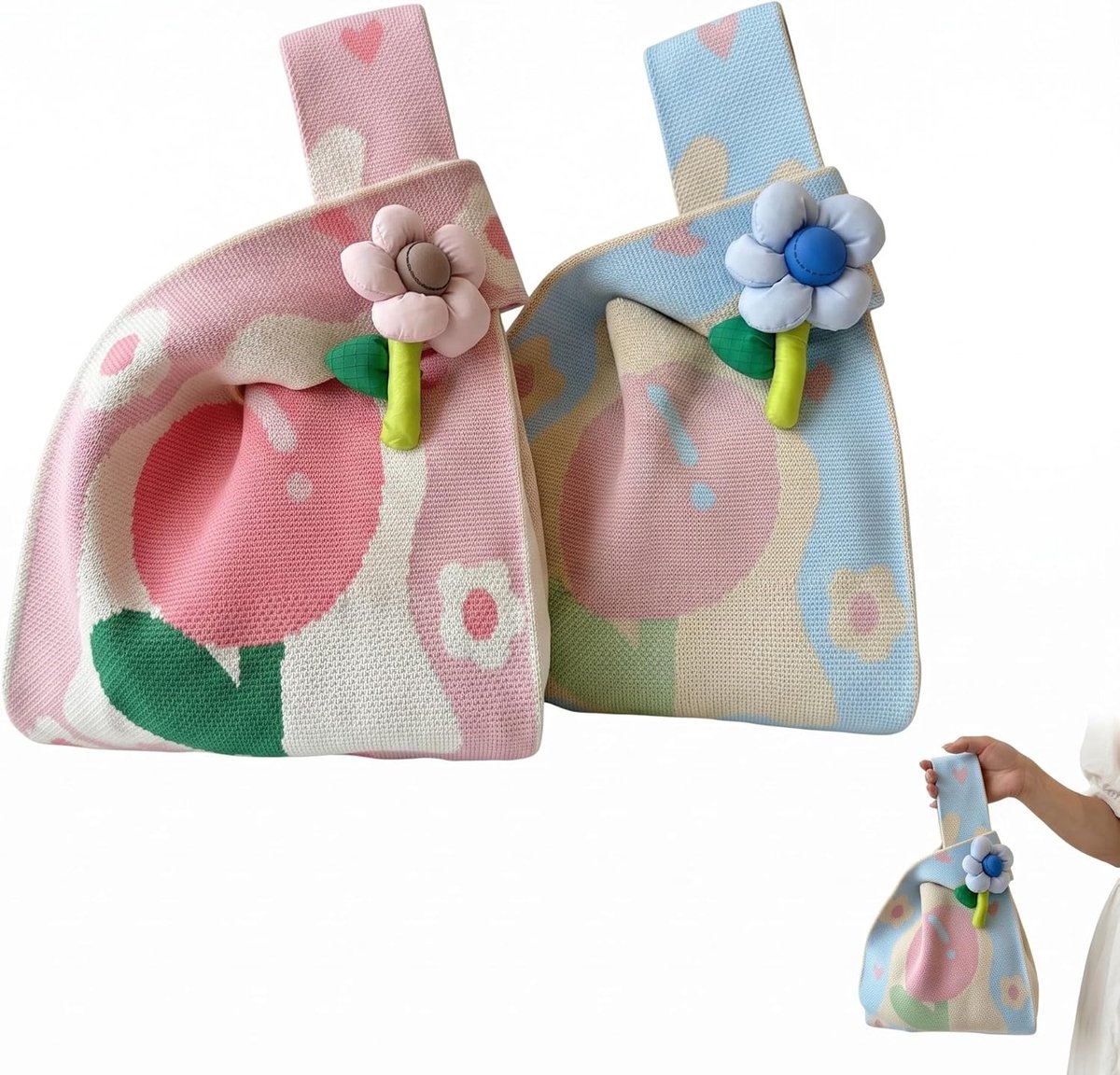 Set van 2 gebreide handtassen - tulpenpatroon - roze en blauw - elegante mini-tote bag voor dames - ShopVlot