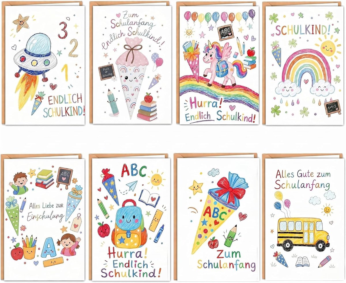 Einschulungskarten set 8-delig - met enveloppen en stickers - voor meisjes en jongens - perfect voor schoolstart - ShopVlot