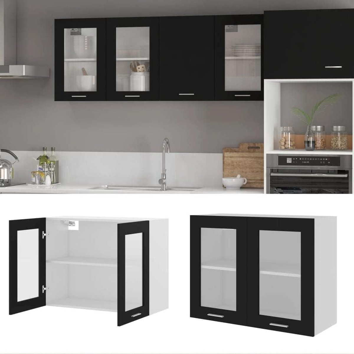 Wandkast met Glazen Deuren - Hangende Keukenkast - Keuken Organiseren - Twee Ruime Legplanken - 80 cm Breed - Zwart