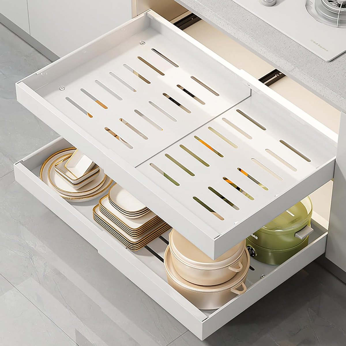 Uittrekbare Keukenlade 32-52cm - Wit - Met Rail Systeem - Extra Opbergruimte voor Keuken - ShopVlot