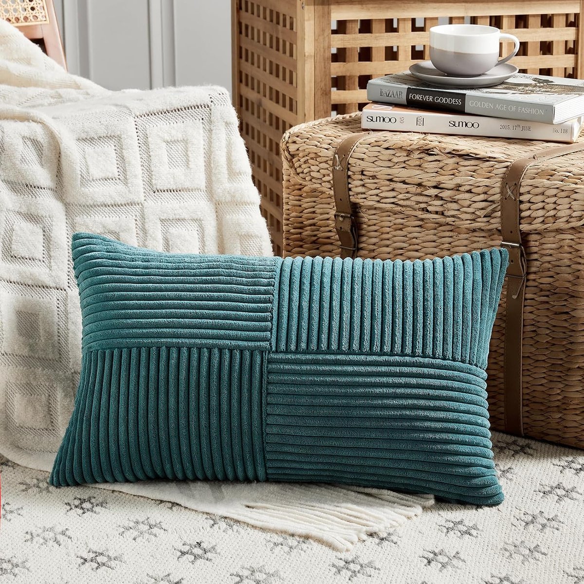 Decoratieve Kussenhoes 30 x 50 cm - Zacht Corduroy - Groene en Blauwe Strepen - Boho Decoratie - ShopVlot
